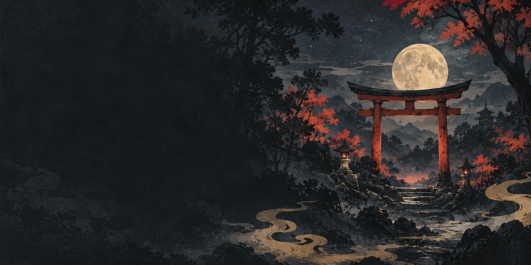 A moonlit torii gate in a dark Japanese forest, framed by vermilion leaves and golden mist